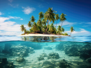 Fototapeta na wymiar Tropical landscape with palm tree island with underwater scene showing