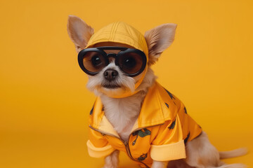 Cute little dog in fancy clothes and sunglasses on a flat orange background with copy space. Fancy chihuahua. Clothes for dogs. Generative AI studio photo imitation.