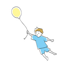 風船を持って飛んでいく子どもの線画イラスト