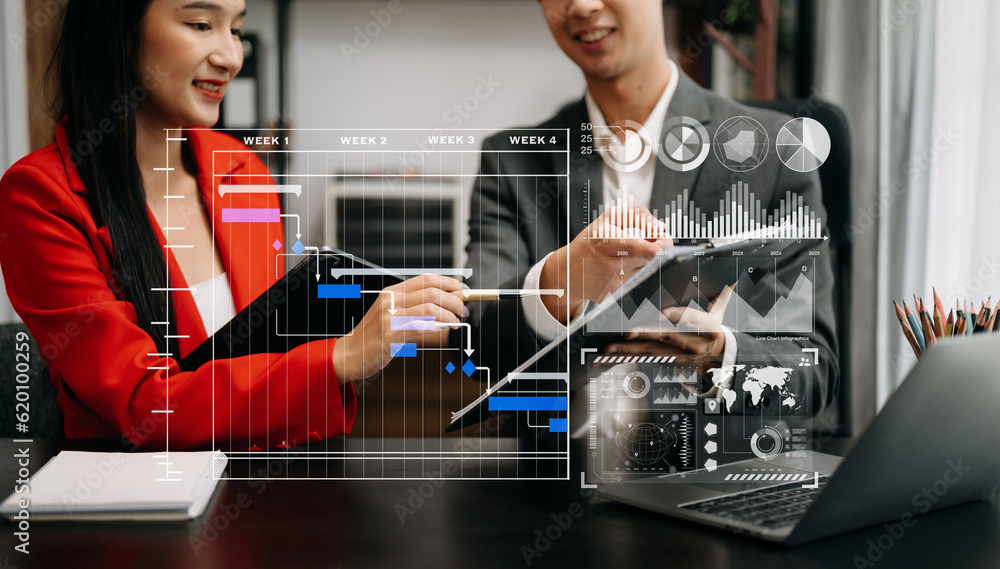 Poster business team hand project manager working and update tasks and gantt chart scheduling virtual diagr