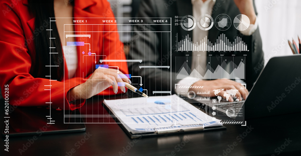 Poster business team hand project manager working and update tasks and gantt chart scheduling virtual diagr