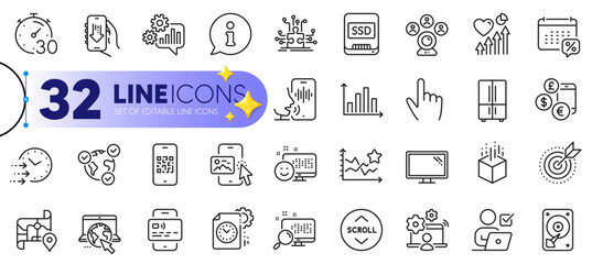 Outline set of Internet, Phone image and Heart beat line icons for web with Map, Cursor, Refrigerator thin icon. Monitor, Card, Info pictogram icon. Diagram graph, Augmented reality, Timer. Vector