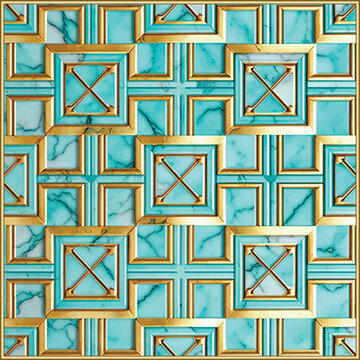Marble art Deco pattern with gold square frame. Luxury ornamental grunge geometric background. Decorative vintage marbled vector pattern. Modern textured ornaments with gold  frame, crosses, squares