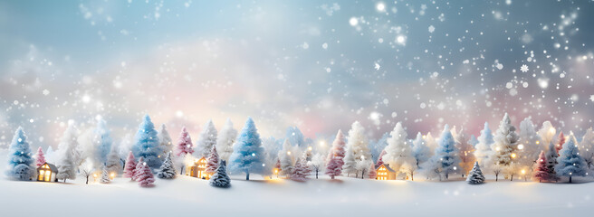 Sparkling snowfall on a pine tree banner. Wintery and magical. AI generative