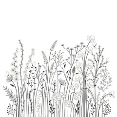Card with abstract cute flowers. Black and white illustration. - 620101050