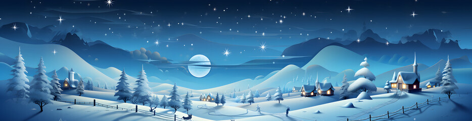 Fototapeta premium Blue Christmas banner with snowy moonlight view of pine trees, mountains, and charming lit-up houses. Magical and enchanting. AI generative