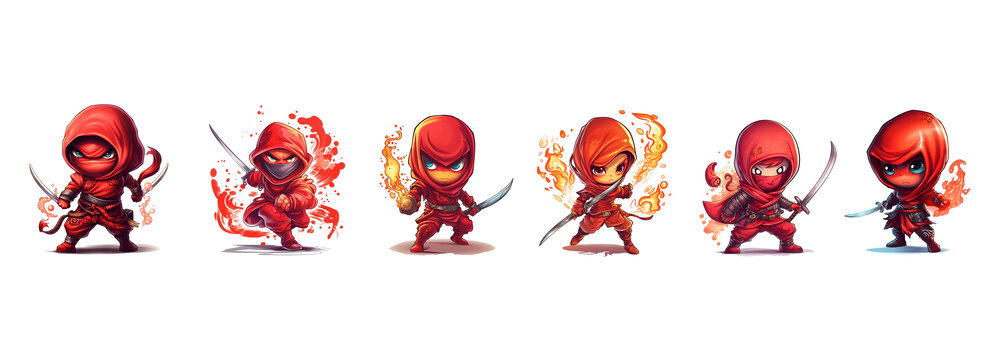 Illustration Set of red cute ninjas on transparent background for children and children's books AI