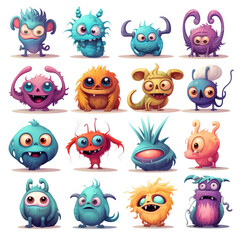 Colorful vector of cartoon monsters for kids in front of a white background expressing multiple facial expressions generative AI.