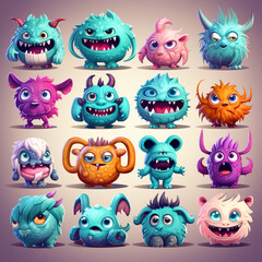 Fototapeta premium Colorful vector of cartoon monsters for kids in front of a white background expressing multiple facial expressions generative AI.
