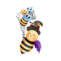 Halloween little bee with witch hat and red horn holding colorful balloons. watercolor animal illustration.