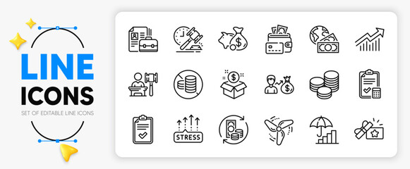 Global business, Salary and Checklist line icons set for app include Auction hammer, Stress grows, Loyalty gift outline thin icon. No cash, Post package, Piggy bank pictogram icon. Vector