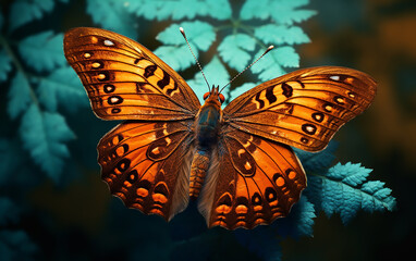Fototapeta na wymiar Close up of an orange butterfly on a leaf. Generative AI technology.
