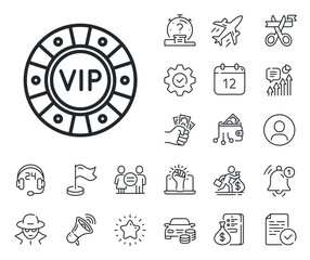 Very important person casino sign. Salaryman, gender equality and alert bell outline icons. Vip poker chip line icon. Member club privilege symbol. Vip chip line sign. Vector