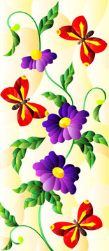 An illustration in the style of a stained glass window with bright purple flowers and red butterflies on a yellow background