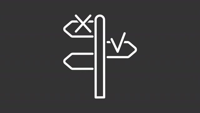 Animated signpost white icon. Decision making line animation. Right choice. Direction sign. Loop HD video with chroma key, alpha channel, transparent background. Outline motion graphic animation