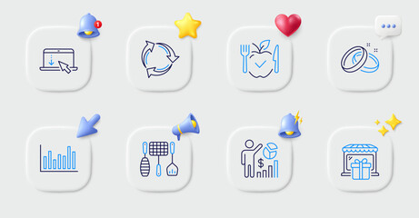 Recycle, Seo statistics and Wedding rings line icons. Buttons with 3d bell, chat speech, cursor. Pack of Scroll down, Gift shop, Bar diagram icon. Vegetarian food, Grill tools pictogram. Vector