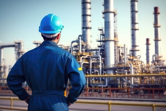 An engineer in a protective suit stands with his back turned, diligently checking a list at a petrochemical refinery complex. Generative AI.