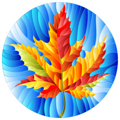 An illustration in the style of a stained glass window with an autumn maple leaf on a blue sky background, oval image