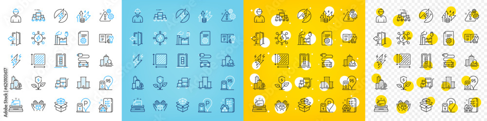Poster vector icons set of factory, square area and hold box line icons pack for web with inspect, warning,
