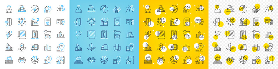 Vector icons set of Factory, Square area and Hold box line icons pack for web with Inspect, Warning, Eco power outline icon. Car charge, Petrol station, Typewriter pictogram. Vector