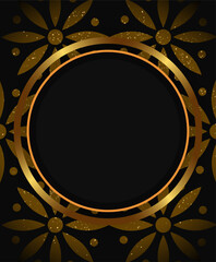 Abstract carved vector background with round golden banner and flowers pattern