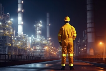 Engineer in a protective suit stands with his back turned, diligently checking a list at a petrochemical refinery complex. Generative AI.