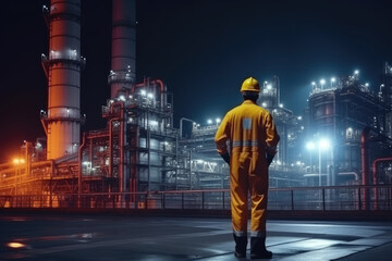 Engineer in a protective suit stands with his back turned, diligently checking a list at a petrochemical refinery complex. Generative AI.