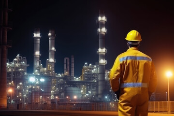 Fototapeta na wymiar Engineer in a protective suit stands with his back turned, diligently checking a list at a petrochemical refinery complex. Generative AI.