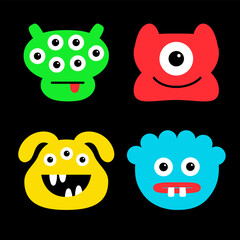 Monster set. Happy Halloween. Cute face head. Four colorful monsters. Cartoon kawaii scary funny character. Different emotion. T-shirt design. Baby collection. Black background. Flat design.