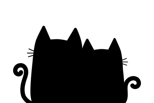 Cute black cat boy and girl couple silhouette print. Kitten hugging. Cartoon character. Funny kitty set. Happy family. Love card. Valentines day. Flat design. White background.