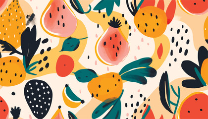 Abstract cute fruits and flowers pattern. Collage playful contemporary print. Fashionable template for design