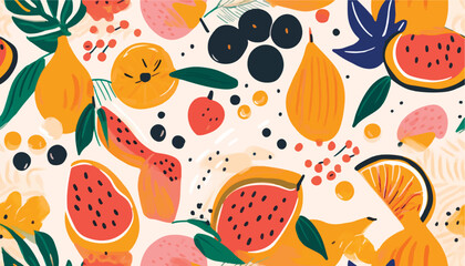 Abstract cute fruits and flowers pattern. Collage playful contemporary print. Fashionable template for design