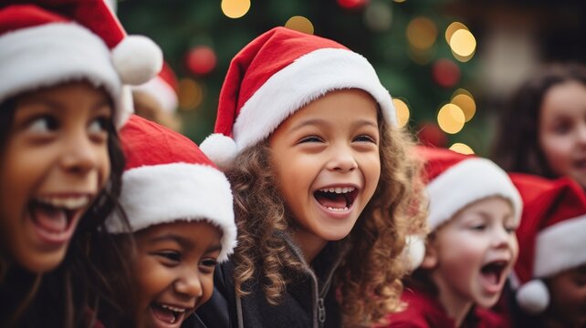 Happy laughing kids in Santa hats, generative ai
