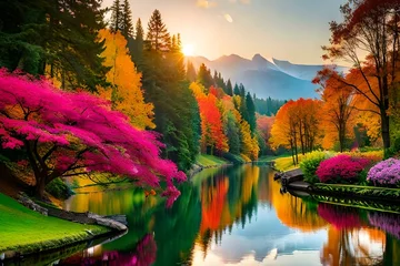 Wall murals Landscape autumn landscape with lake and trees Generated Ai
