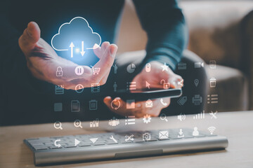 Cloud computing concept - connect devices to cloud. Businessman or information technologist with cloud computing icon and tablet.
