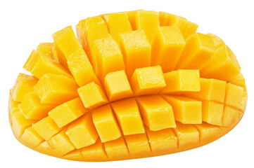 Half of mango fruit cut in hedgehog style on white background. File contains clipping path.