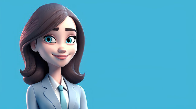 3d cartoon character of office woman, female manager, support center, lawyer banner template, copy space for text, isolated on blue. Generative AI 3d render illustration imitation.