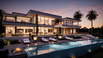 Fototapeta premium Photo of a luxurious house with a stunning pool in the front yard. Generative AI technology
