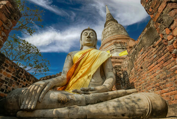 Ruins of old Buddha and temple of Ayuthaya historical park in Ayuthaya Thailand. UNESCO site. Travel concept.
