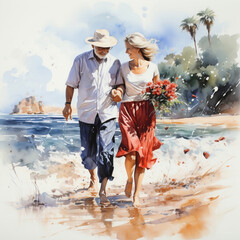Watercolor illustration of elderly happy man and woman walking on the seashore. An old couple of people on the seashore. Generative ai.