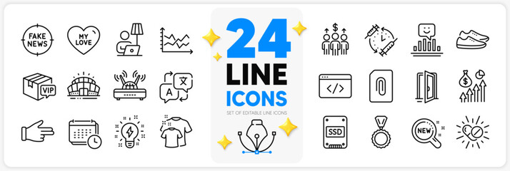 Icons set of Inspiration, Shoes and Calendar line icons pack for app with Ssd, Arena stadium, Floor lamp thin outline icon. Attachment, Vip parcel, My love pictogram. New products. Vector