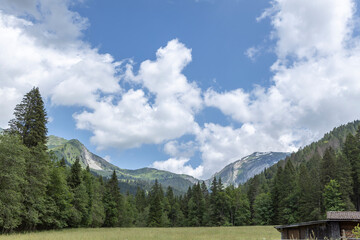 Fototapeta na wymiar Morzine valley with spectacular nature of French Alps mountain range during summer against blue sky with clouds