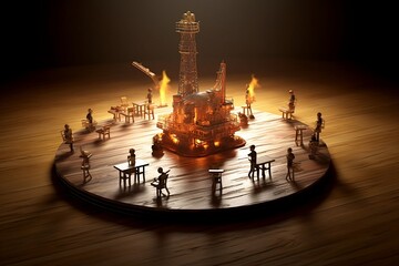 oil energy business production management with fire and people miniature, generative AI