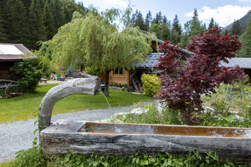 Drinking fresh water fountain for cattle and livestock in the French Alps mountains made out of wood along a path in small high altitude village