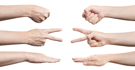Set of hands playing a "Stone-scissors-paper" game, cut out