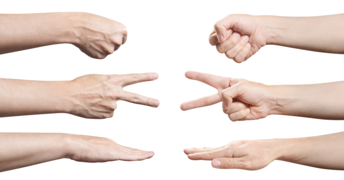Set of hands playing a "Stone-scissors-paper" game, cut out
