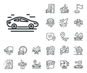 Transportation vehicle sign. Plane, supply chain and place location outline icons. Car transport line icon. Driving symbol. Car line sign. Taxi transport, rent a bike icon. Travel map. Vector