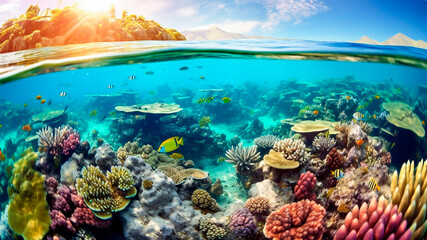 Underwater view of beautiful coral reef with fishes.