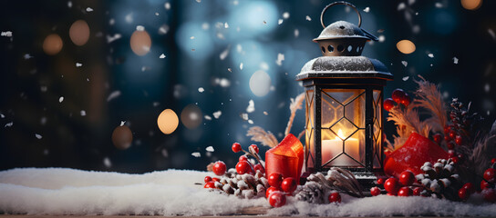 Lantern in snowy winter landscape. Magical Christmas vibes. AI Generative