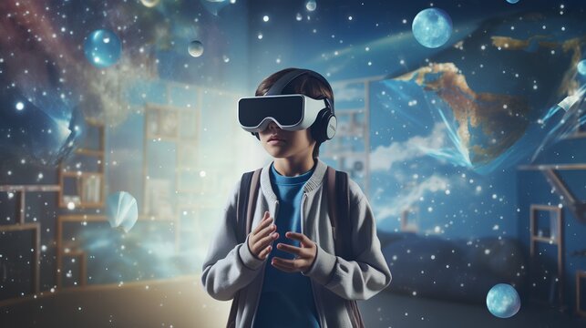 Kid wearing Virtual Reality glasses, fully immersed in virtual reality educational scenario. Learning experiences, providing engaging and interactive lessons that enhance understanding. Generative AI
